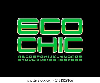 Vector modern logo Eco Chic. Trendy Green and Golden Font. Shiny Uppercase Alphabet Letters and Numbers