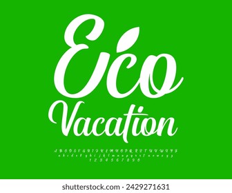 Vector modern logo Eco Vacation with decorative Leaf. Trendy Cursive Font. Artistic Alphabet Letters and Numbers set.