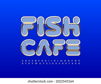 Vector modern logo Fish Cafe. Gold and Blue textured Font. Creative Alphabet Letters and Numbers set