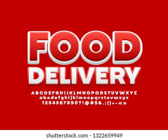 Vector modern logo Food Delivery with Red and White Alphabet Letters, Numbers and Symbols. Bright stylish 3D Font.