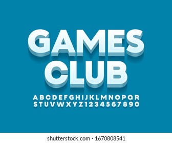 Logo moderno Vector Club de Juegos con fuente de moda. Letras y números de alfabeto blanco 3D