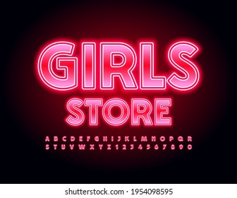 Vector modern logo Girls Store. Glowing Elegant Font. Bright light Alphabet Letters and Numbers set