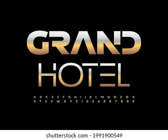 Vector modern logo Grand Hotel. Stylish metallic Font. Futuristic Gold Alphabet Letters and Numbers set