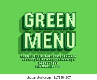 Vector Modern Logo Green Menu With 3D Font. Beveled Alphabet Letters With Shadow