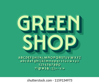 Vector Modern  Logo Green Shop with 3D Font. Beveled Alphabet Letters with Shadow