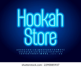 Logo moderno vector Hookah
tienda. Fuente azul brillante. Conjunto neón de letras y números de alfabeto