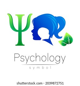 Vector Modern logo Kid Girl head and letter Psi. Logotype sign of Psychology with leaves. Profile Human. Blue color isolated on white. Creative style symbol