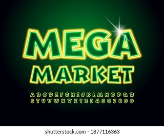 Vector modern logo Mega Market. Creative glowing Font. Funny Neon Alphabet Letters and Numbers set