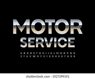 Modernes Vektorlogo Motor Service. Glossy Silber Font. Alphabet-Alphabet-Buchstaben und -Zahlen aus rostfreiem Stahl