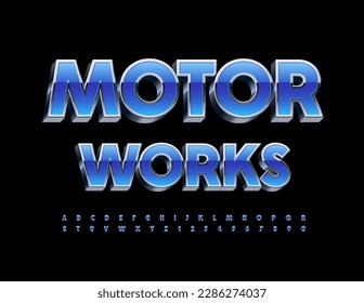 Vector modern logo Motor Works. 3D Alphabet Letters and Numbers set. Glossy Iron and Blue Font