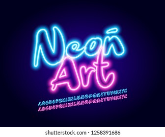 Logo moderno vector Neon Art para Galería, Publicidad, Comercio. Letras de alfabeto manuscritas brillantes, números y símbolos