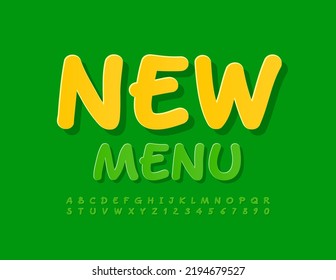 Nuevo menú con logotipo moderno vector. Tipo de letra de pegatina verde. Letras y números de alfabeto manuscritos brillantes