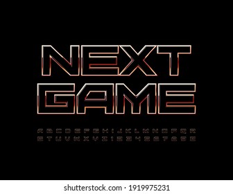 Vector modern logo Next Game. Techno style Font. Black and Gold Alphabet Letters and Numbers set