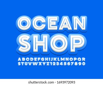 Vector modern logo Ocean Shop. Blue and White trendy Font. Creative Alphabet Letters and Numbers