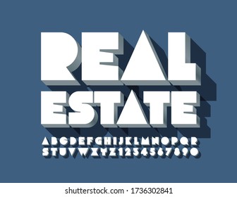 Vector modern logo real Estate with 3D Creative Font. Minimalism White Alphabet Letters and Numbers
