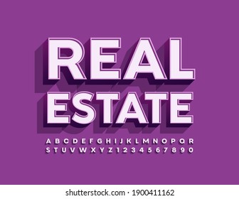 Vector modern logo Real Estate. 3D Trendy Alphabet Letters and Numbers. Purple Uppercase Font