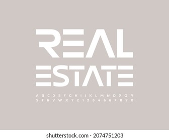 Vector modern logo Real Estate. Minimalistic stylish Font. Futuristic Alphabet Letters and Numbers set