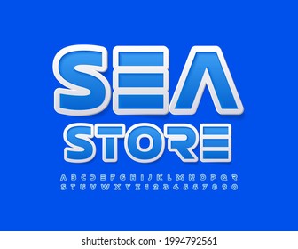 Logo moderno vectorial Sea Store. Fuente abstracta creativa. Letras y números de alfabeto blanco y azul