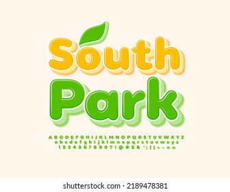 Vector modern logo South Park with decorative Leaf. Bright glossy Font. Green Alphabet Letters, Numbers and Symbols set