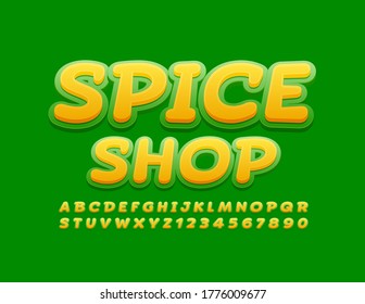 Vector modern logo Spice Shop with Green and Yellow Font. Decorative Alphabet Letters and Numbers