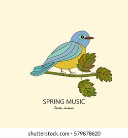Vector modern logo. A tit on a branch. Romantic spring vector illustration with the titmouse.