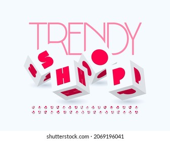 Vector modern logo Trendy Shop with stylish creative Font. Blocks Alphabet Letters and Numbers set
