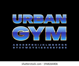 Vector modern logo Urban Gym. Blue and Gold glossy Font. Bold Alphabet Letters and Numbers set