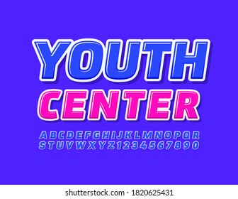 Vector Modern Logo Youth Center. Bright Creative Font. Set Of Blue Alphabet Letters And Numbers