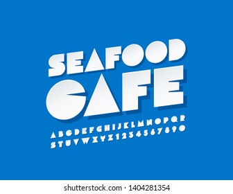 Vector modern logotype Seafood Cafe with white Font. Creative Uppercase Alphabet Letters and Numbers
