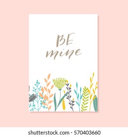 Vector modern love card, poster for Valentines Day or date, wedding. Hand lettering, flower and plants.