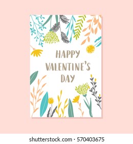 Tarjeta de amor moderna de Vector, cartel para el día de San Valentín o fecha, boda. Letras de mano, flores y plantas.