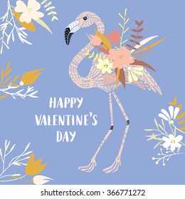Vector modern love card, posters for Valentine's Day or date, wedding. Hand lettering, flamingo, flowers.