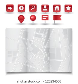 Vector modern map icon with red pins