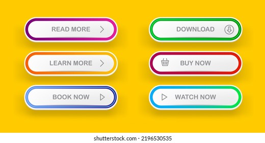 Vector Modern material style buttons set isolated on orange background. Read more, buy now, download, book now, watch now buttons collection with gradient colors and icons with shadows.