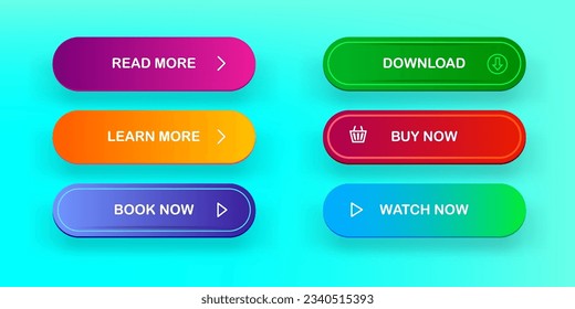 Vector Modern material style buttons set isolated on cyan background. Read more, buy now, download, book now, watch now buttons collection with gradient colors and icons with shadows.