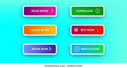 Vector Modern material style buttons set isolated on cyan background. Read more, buy now, download, book now, watch now buttons collection with gradient colors and icons with shadows.