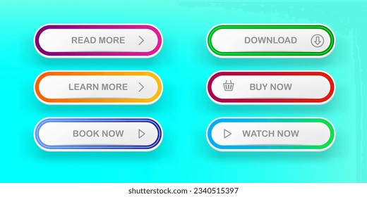 Vector Modern material style buttons set isolated on cyan background. Read more, buy now, download, book now, watch now buttons collection with gradient colors and icons with shadows.