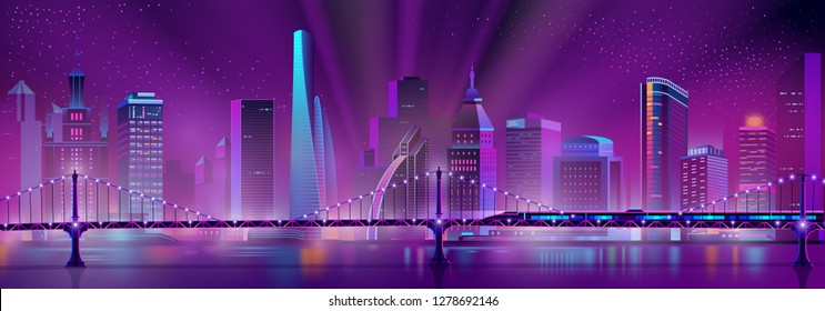 Vector modern megapolis background with bullet train on the bridge over the river. Speed railroad vehicle and purple glowing buildings. Urban skyscrapers in neon colors, town exterior.