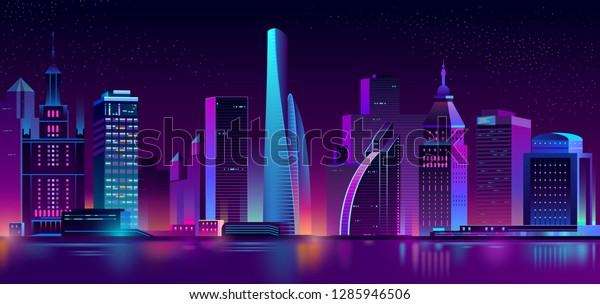 夜のベクターモダンメガポリス 漫画風に輝く建物 ネオン色の都市の高層ビル 町の外観 建築の背景 町並みのコンセプトの住宅建設 のベクター画像素材 ロイヤリティフリー