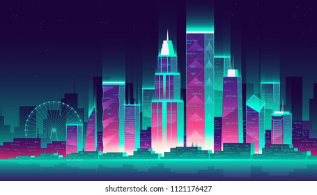 Vector modern megapolis at night. Glowing buildings and Ferris wheel in cartoon style, neon colors. Urban skyscrapers for town exterior, architecture. Residential construction for cityscape concept