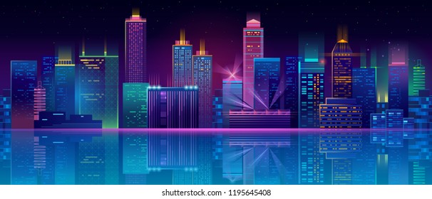 Vector modern megapolis at night. Illumination of bright glowing buildings in cartoon style. Urban skyscrapers in neon colors, town exterior, architecture background. Residential construction.