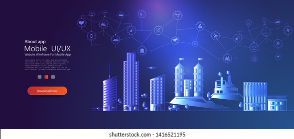 Vector modern megapolis at night. Illumination of bright glowing buildings in cartoon style. Urban skyscrapers in neon colors. Architecture urban cityscape technology sketch banner vector illustration