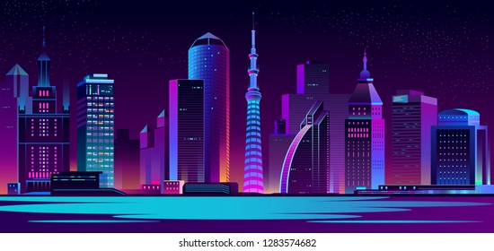 Vector modern megapolis at night. Purple glowing buildings in cartoon style. Urban skyscrapers in neon colors, town exterior, architecture background. Residential construction for cityscape concept.