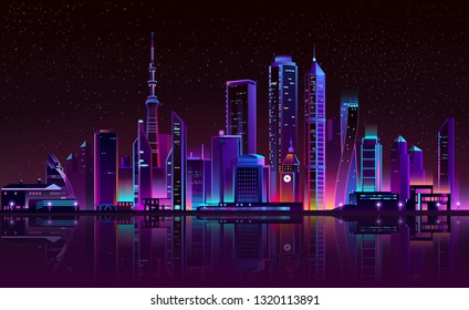 Vector modern megapolis on river at night. Bright glowing clock tower, shining chapel in cartoon style. Urban skyscrapers in neon colors, town exterior, architecture background.