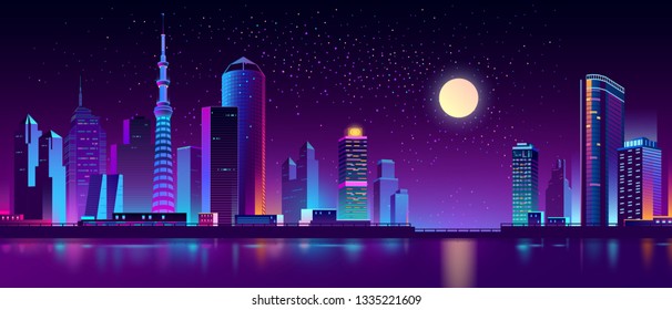 Vector modern megapolis on river at night. Purple glowing buildings on quay. Contemporary architecture - urban skyscrapers in neon colors, town exterior, architecture background. Cityscape concept.