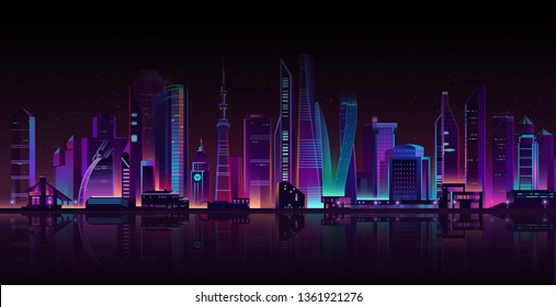 Vector modern megapolis on a river at night. Bright glowing skyscrapers with reflections on water, cartoon style. Urban buildings in neon colors, town exterior, architecture background.