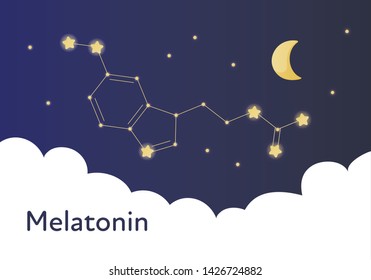 Vector modern melatonin treatment banner template. Blue gradient night sky illustration with molecula structure in constellation isolated on white background. Concept of sleep disorder treatment.