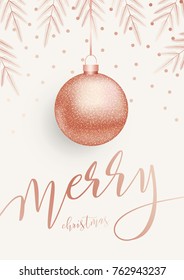 Vector modern Merry christmas card with lettreing. Pink gold metal ball. Background with a fir branches and confetti