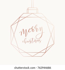 Vector modern merry christmas card with lettering. Abstract christmas ball with shadow. Geometric rose gold pattern