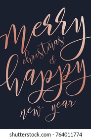 Vector modern Merry christmas and Happy New Year card with rose gold lettering on a dark background
